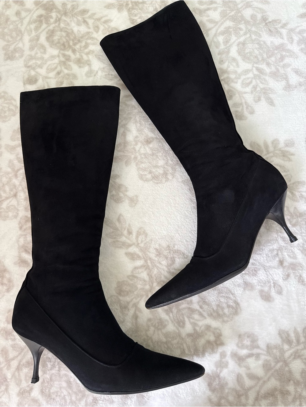Vintage PRADA Black Suede Knee-High Pointed-Toe Stiletto Heel Boots